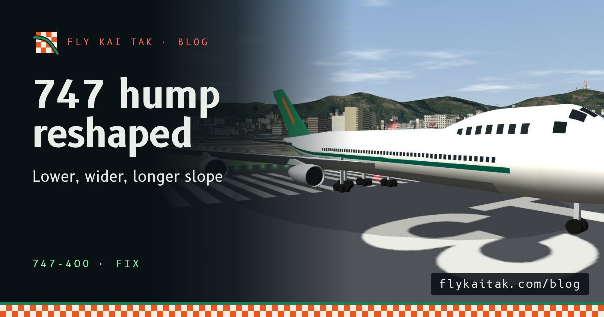 Side view of a 747-400 on the runway with a low upper-deck hump sloping gently back into the roof.