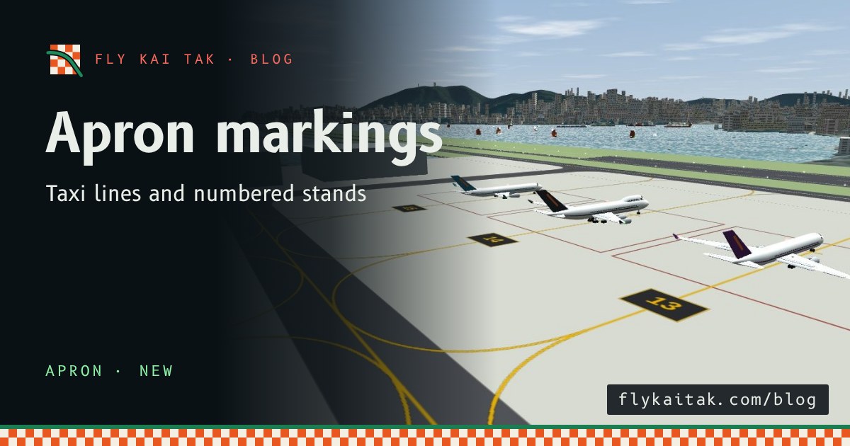 The whole apron from above: seven terminal stands in one row, five drive-through stands in another, and the dark lane between them.