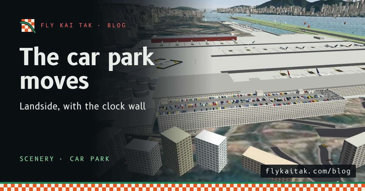 The end wall of the car park with a large clock and the Kai Tak airport sign, spotters lining the roof above it.