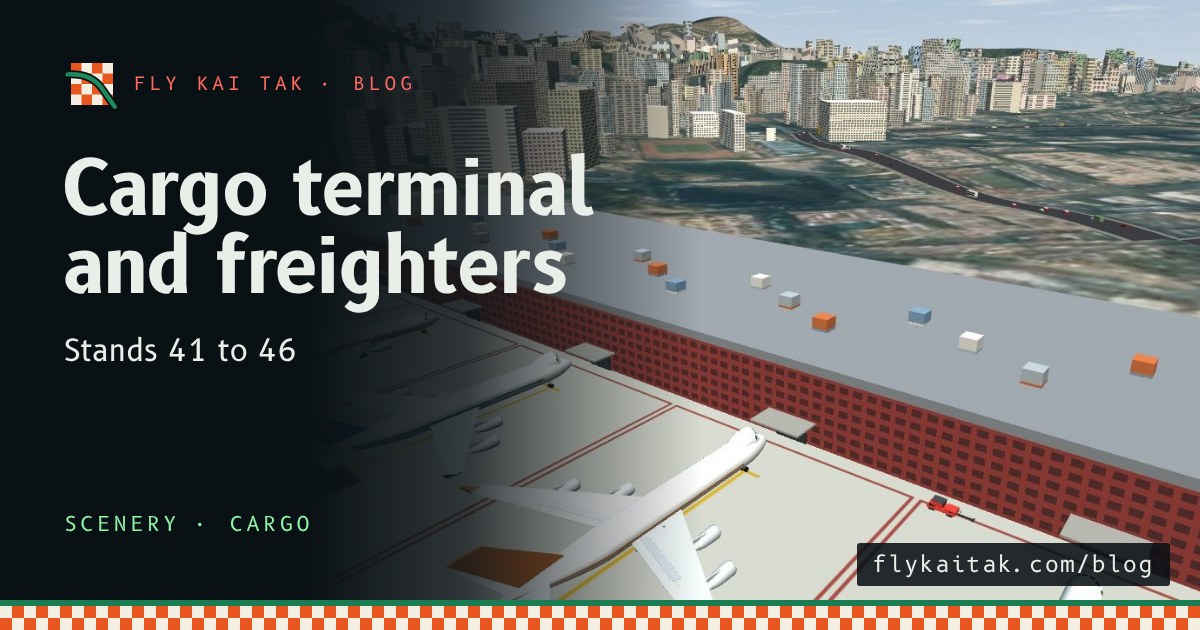 Six freighters nose-in to the maroon cargo terminal, stands 41 to 46.