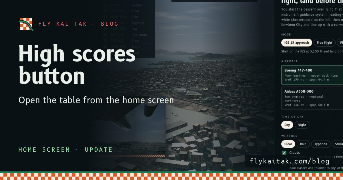 The Fly Kai Tak home screen with the High scores panel open at the top left, listing landings ranked from Captain downwards.