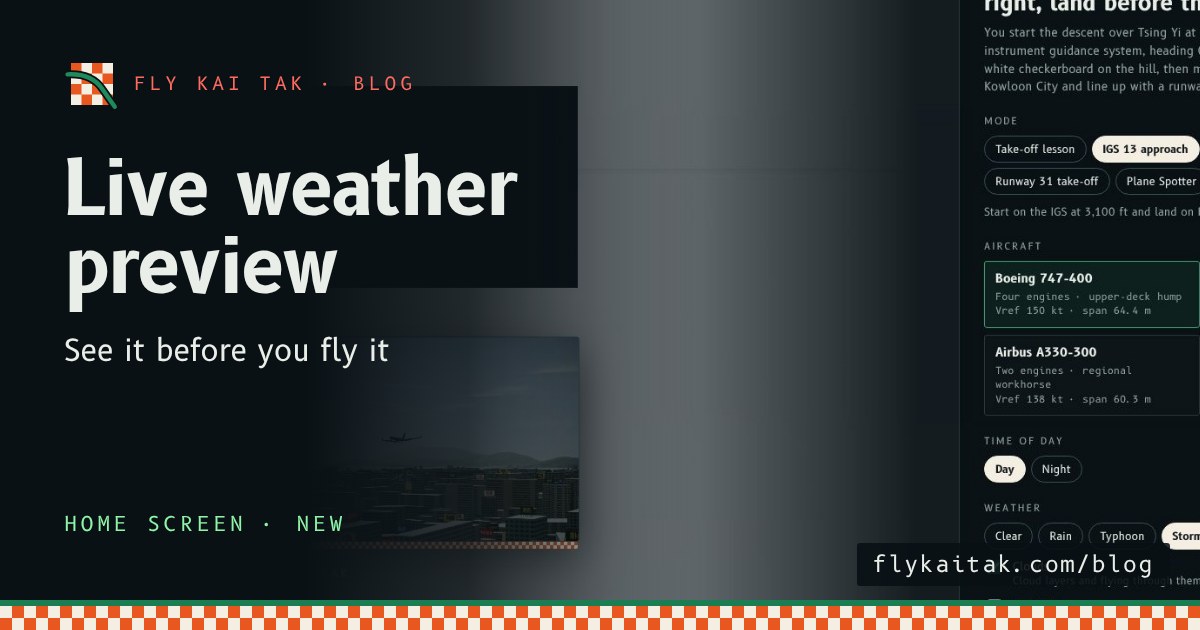 The Fly Kai Tak home screen by day with Storm selected, showing a grey overcast sky over Kowloon behind the menu.
