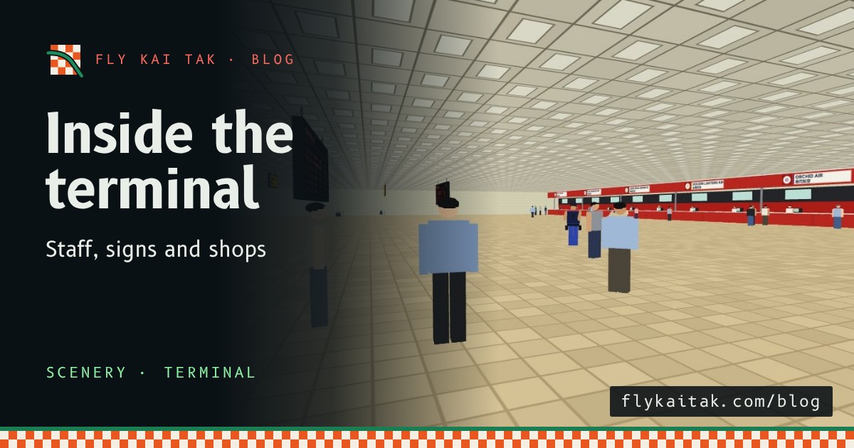 The departures hall with red check-in desks, flight boards and passengers.