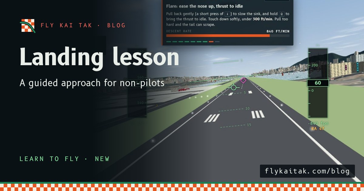 The Landing lesson welcome panel above a 747 on the IGS approach to Kai Tak, with a Start the lesson button.