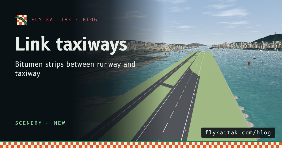Looking along Runway 13 from above, with bitumen link strips crossing the grass between the runway and the parallel taxiway.