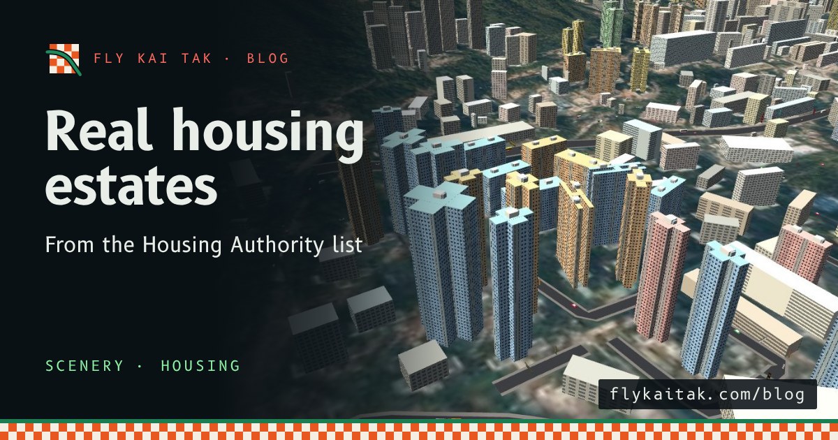 Wang Tau Hom Estate: cross-plan towers in blue and orange standing together on the hillside, with lift motor rooms and water tanks on the roofs.