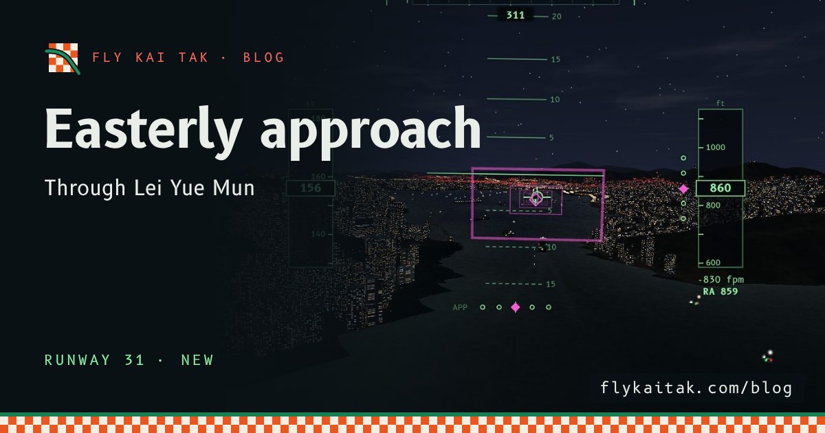 Night approach to Runway 31 through the Lei Yue Mun gap, with city lights on both sides and the runway lights ahead.