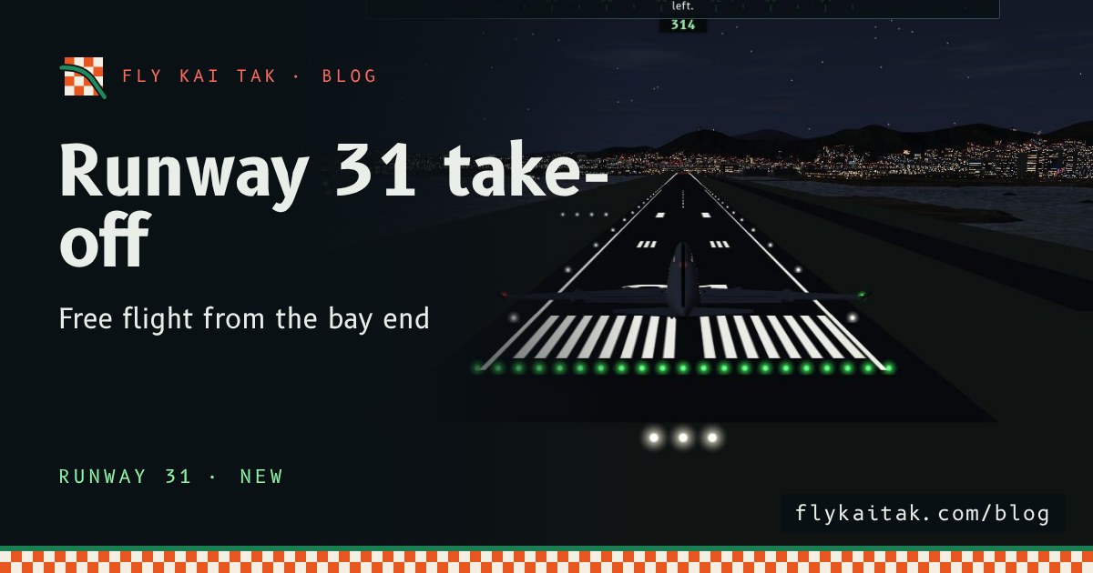 Night view of a 747-400 lined up on Runway 31 with the runway lights ahead and the lights of Kowloon beyond.