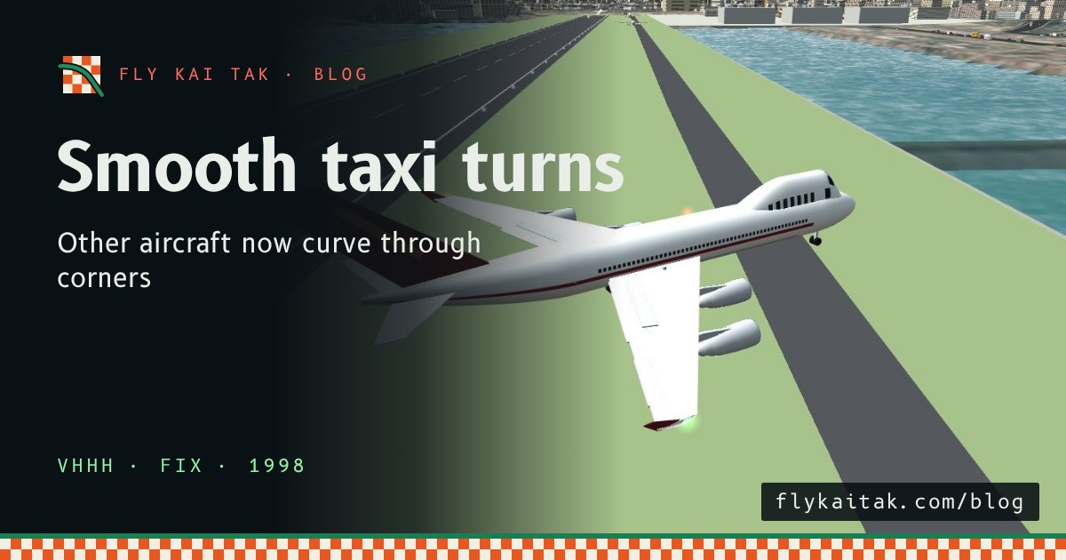 A 747 seen from above and behind, curving through a turn on the taxiway beside the runway.