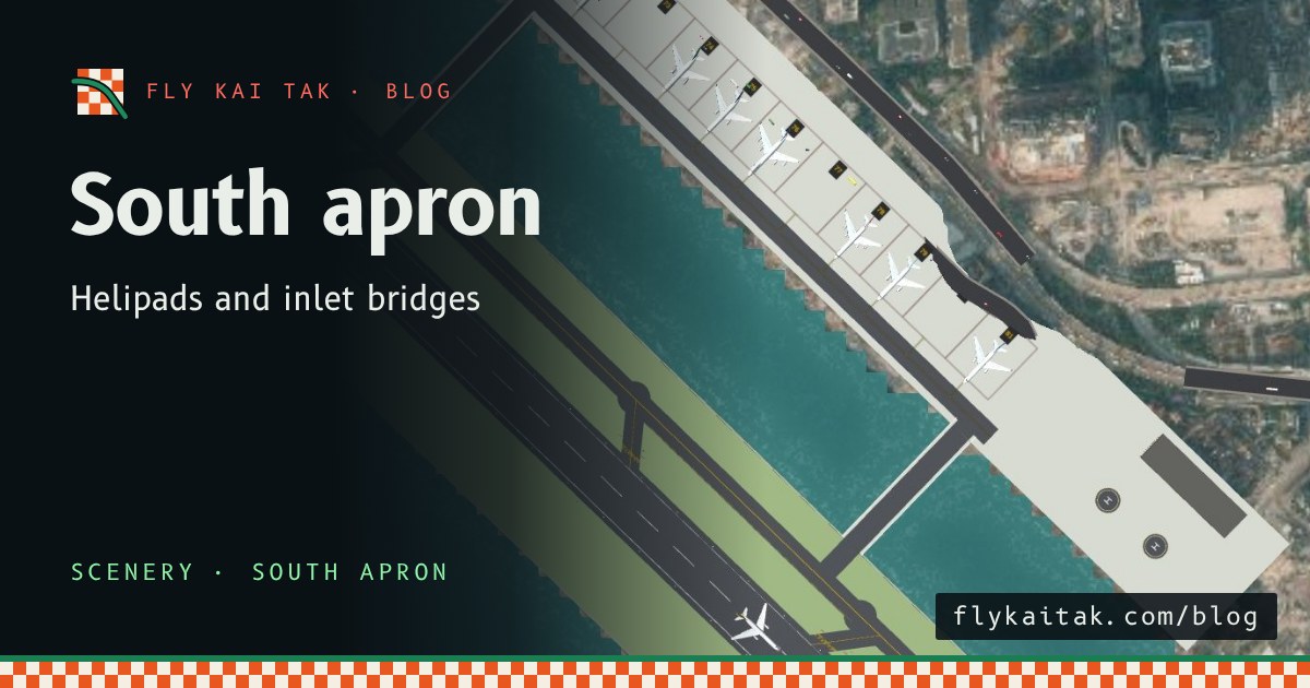 A long south apron with parked aircraft beside the water inlet, two taxiway bridges and two helipads.
