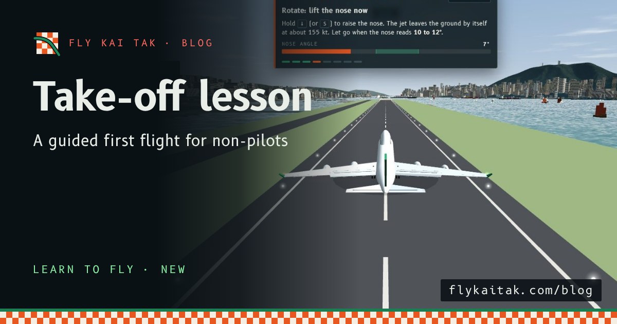 The Take-off lesson welcome panel above a 747 lined up on Runway 13 at Kai Tak, with a Start the lesson button.