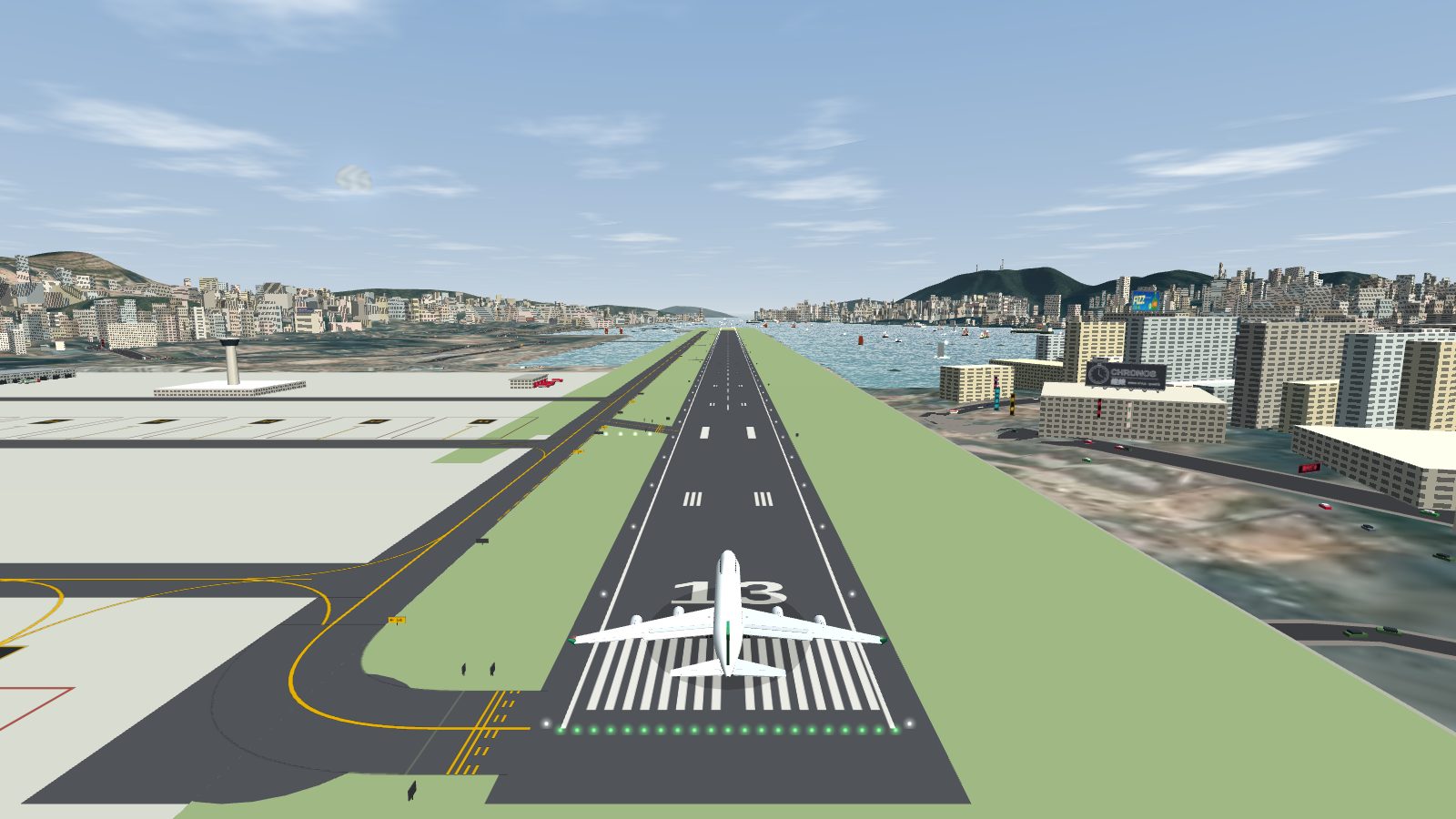 A 747 on the Runway 13 threshold with the touchdown-zone bars, aiming point and dashed centre line stretching away down the runway.