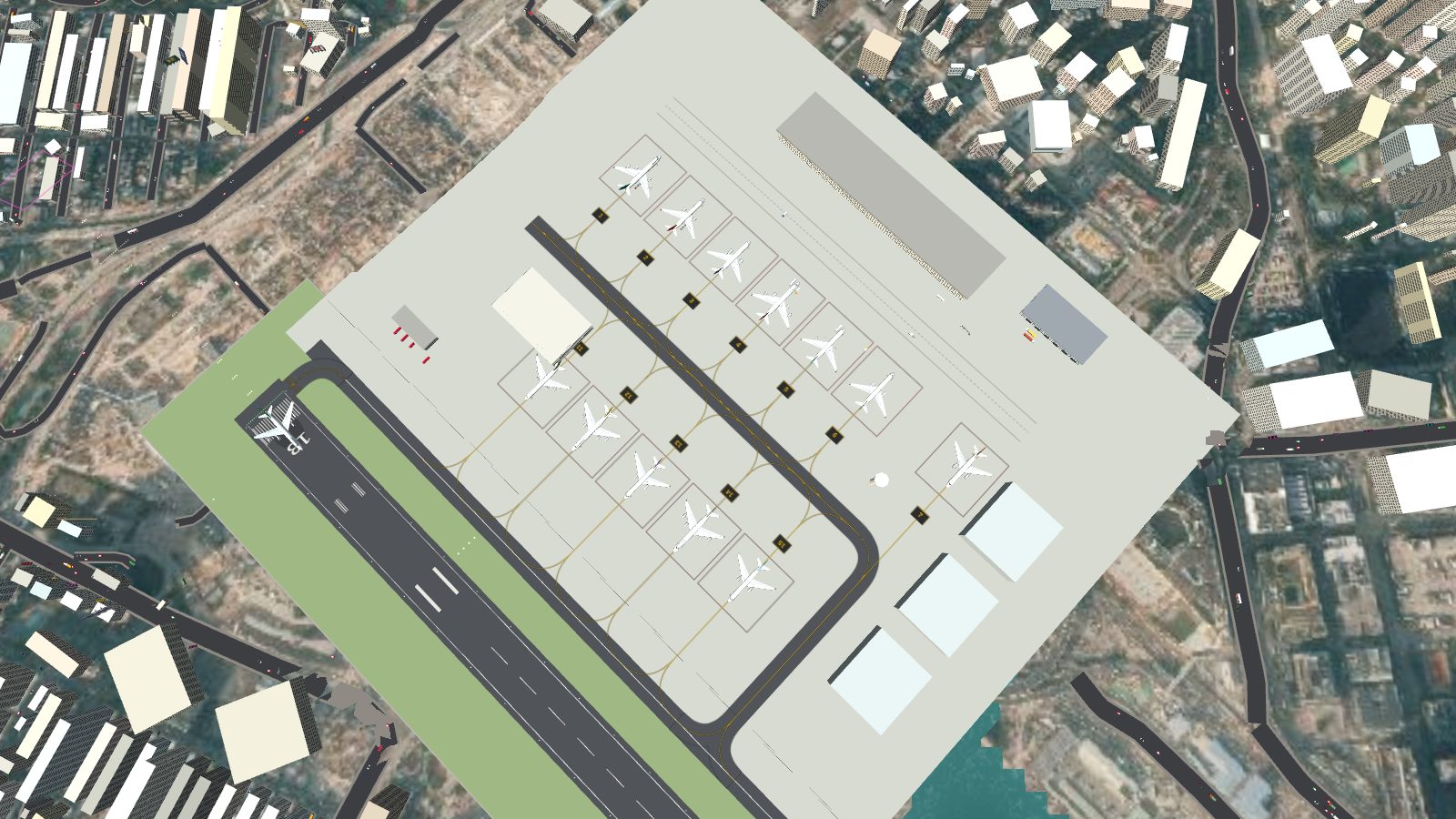 The whole apron from above: seven terminal stands in one row, five drive-through stands in another, and the dark lane between them.