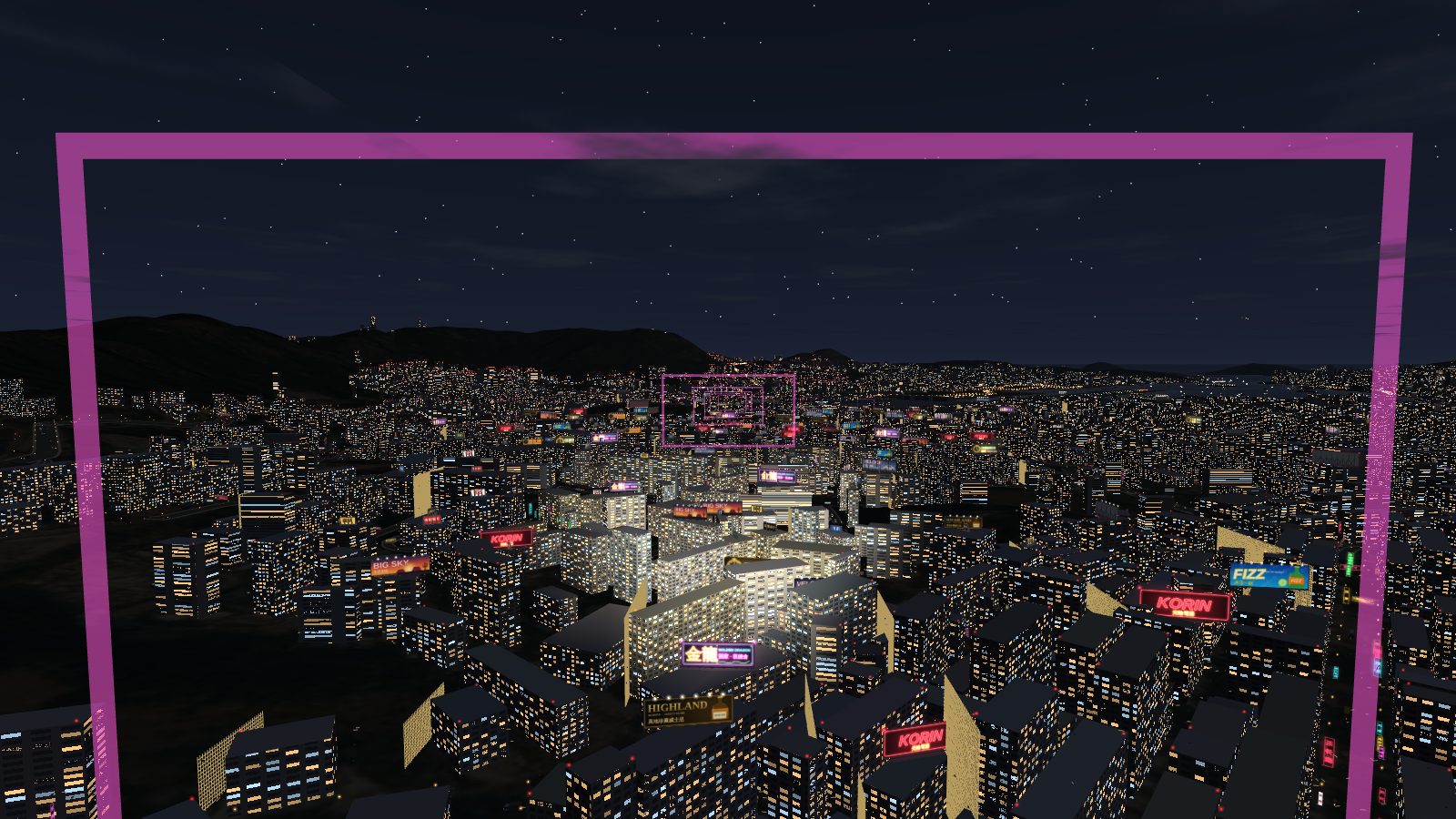 Night view down the IGS approach over Kowloon with floodlit billboards and red and magenta neon signs on the rooftops.