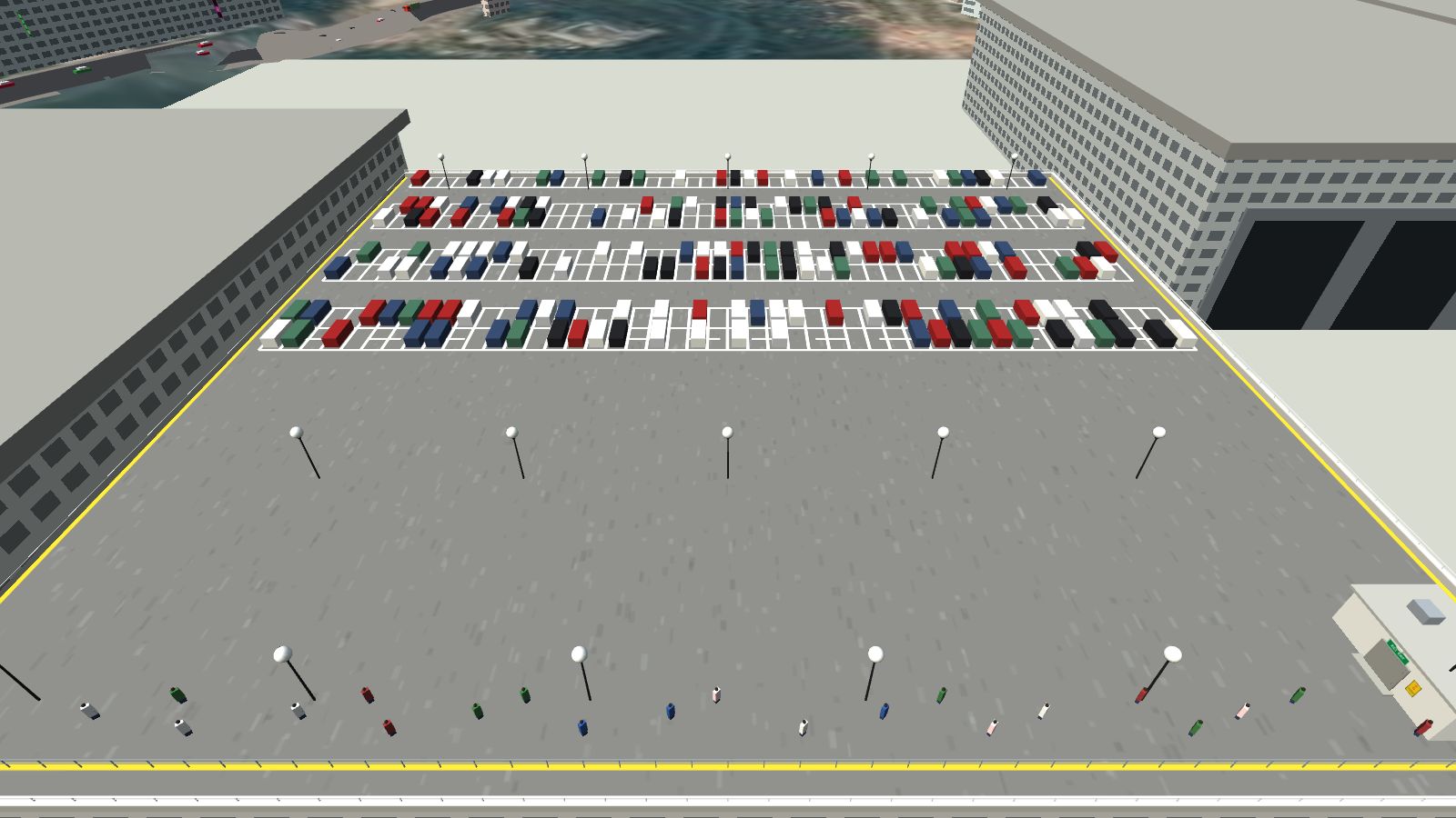 The car park roof with rows of parked cars in white bays and spotters along the parapet.