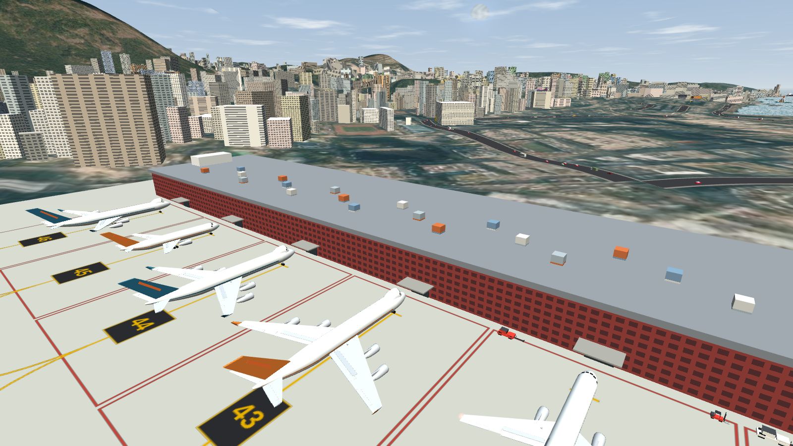 Six freighters nose-in to the maroon cargo terminal, stands 41 to 46.