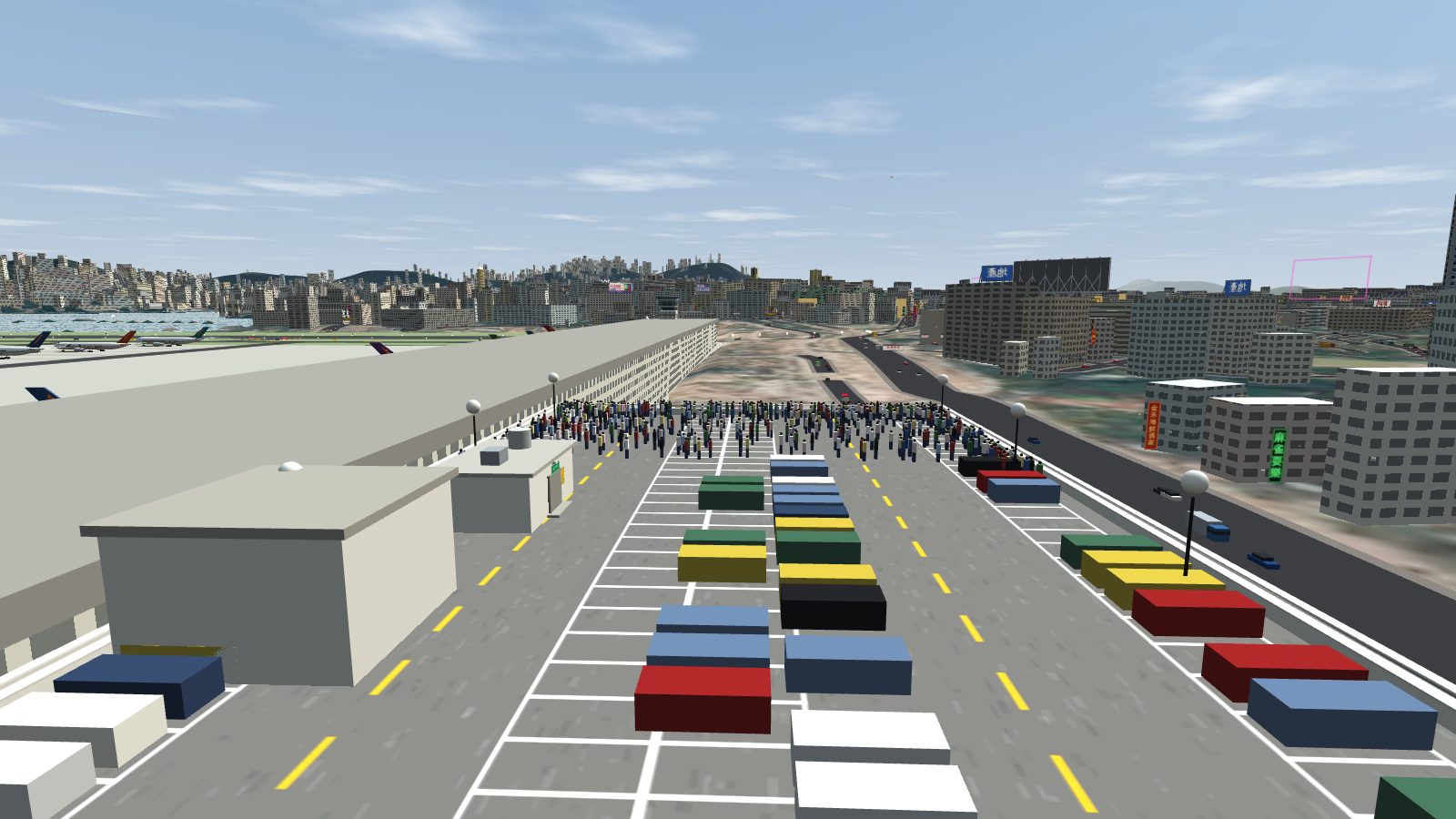 The lower car park roof with rows of parked cars, globe lamps, the stairwell head and a dense crowd of spotters at the far end.