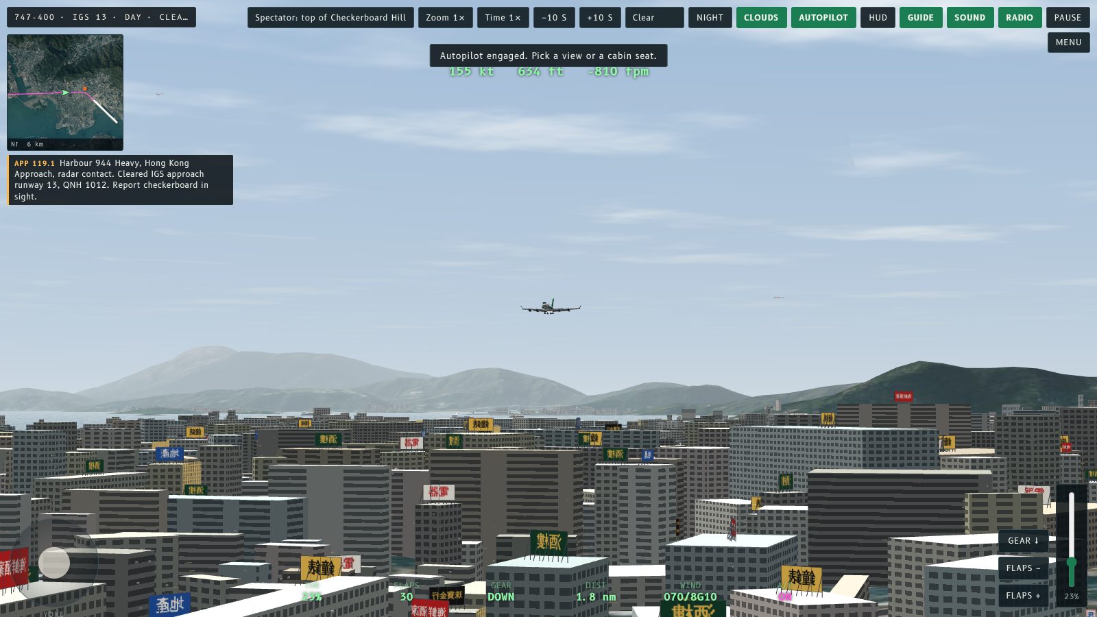A 747 on final approach seen from the top of Checkerboard Hill, with Kowloon rooftops and shop signs below.