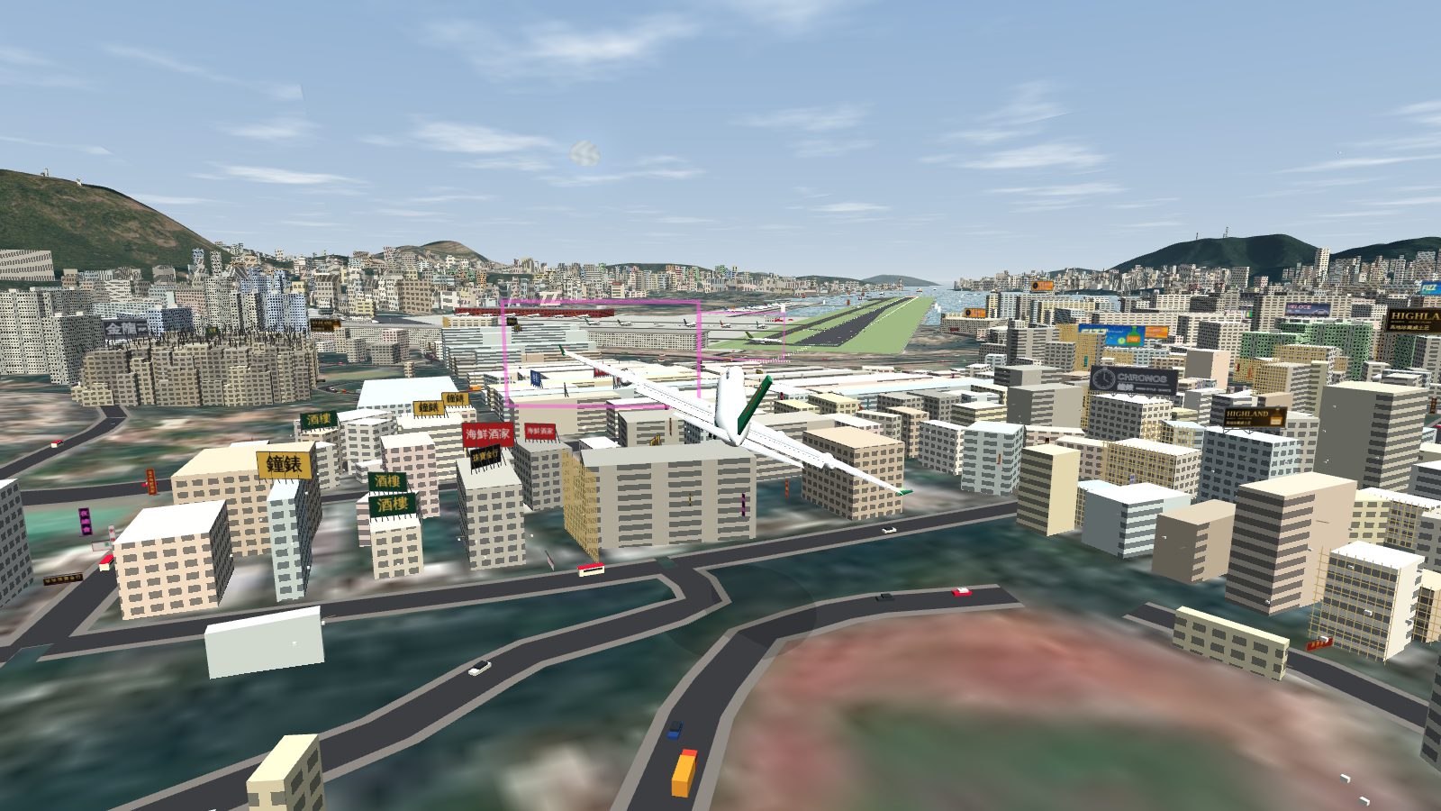 A 747 in a steep right bank low over Kowloon City, with the runway just ahead.