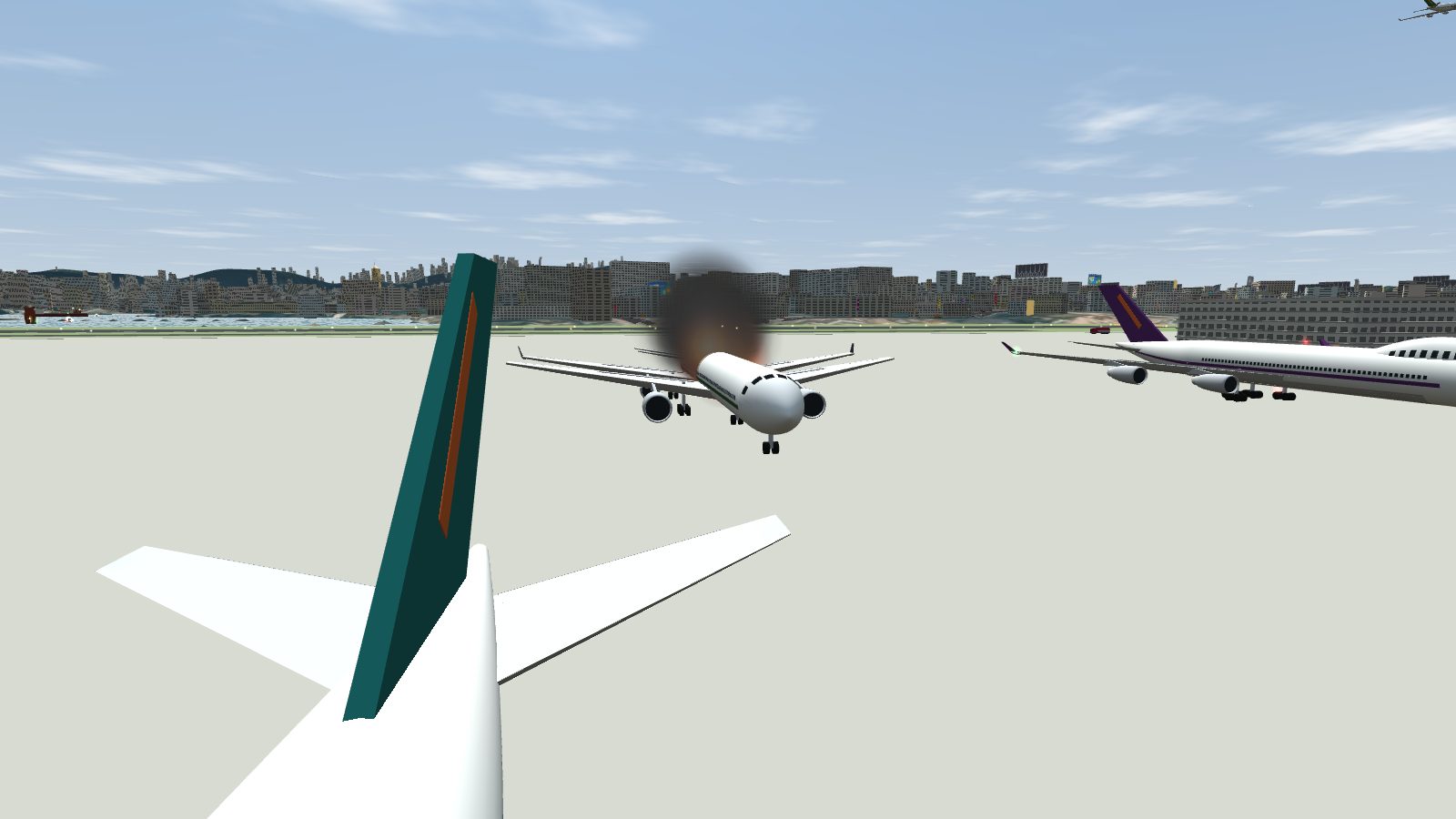 A damaged airliner with fire and smoke behind its cockpit.