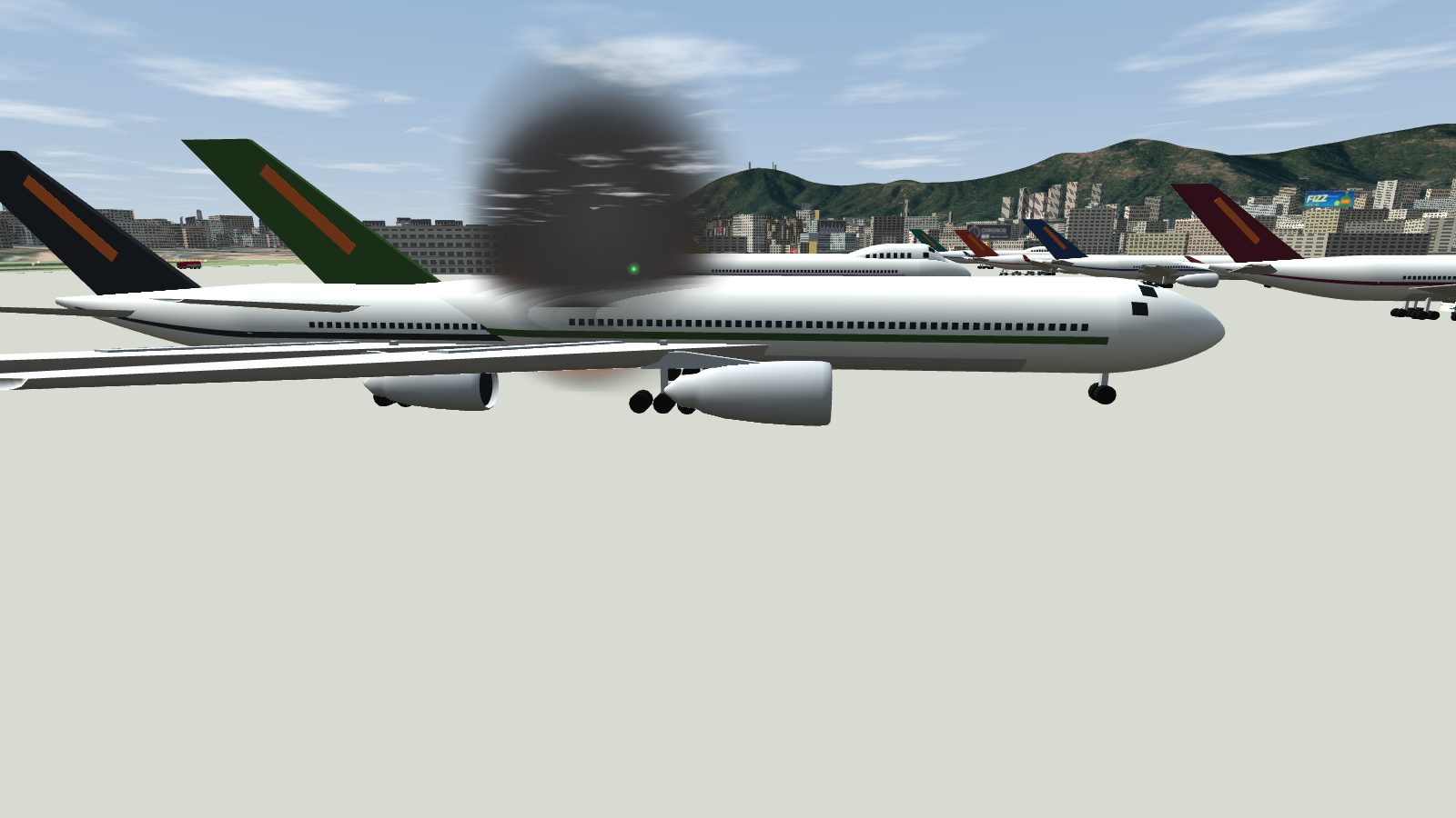 Two airliners overlapping on the apron with black smoke rising from the contact.