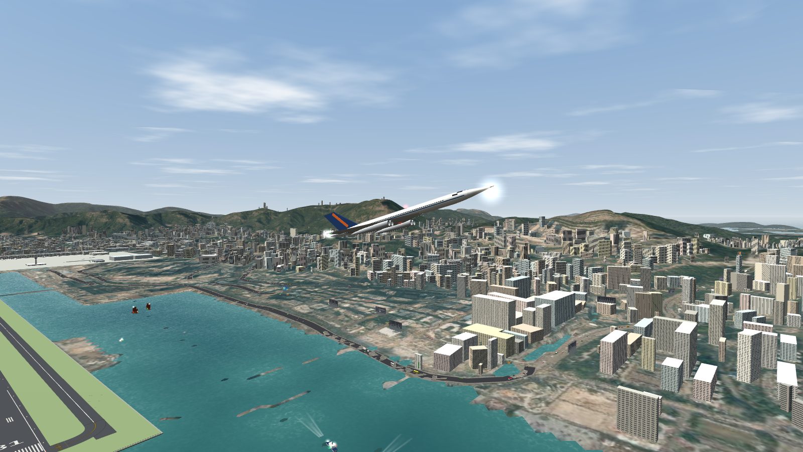 The delta-wing jet climbing steeply over Kowloon Bay after take-off.