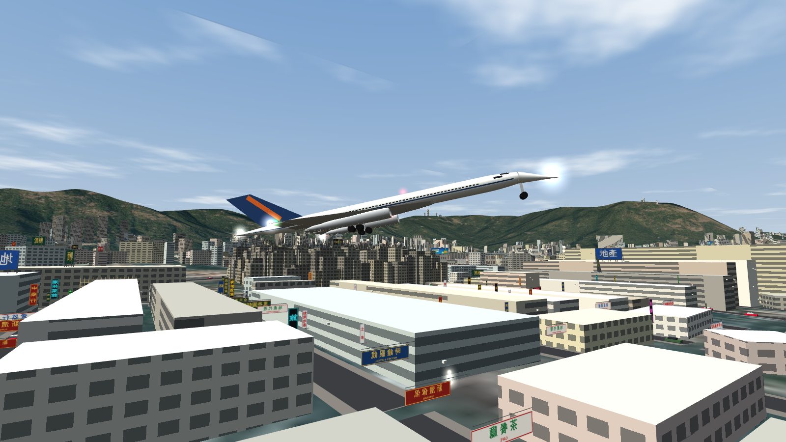 A slim white delta-wing jet on final approach over Kowloon with its nose drooped.