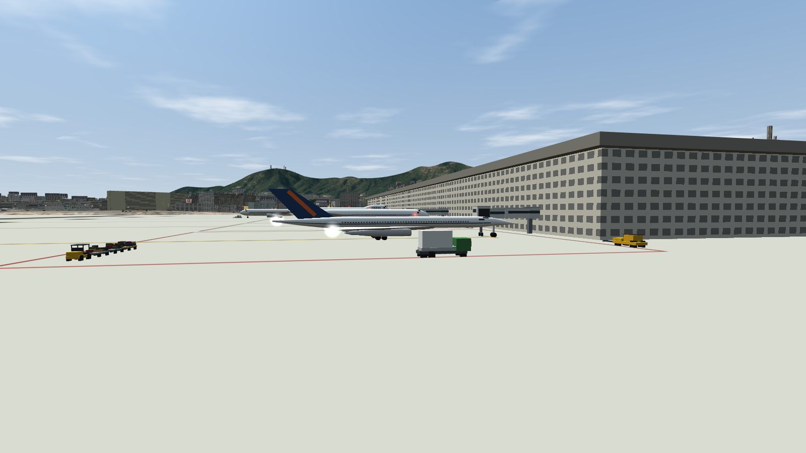 The delta-wing jet parked at stand 6 beside the terminal.