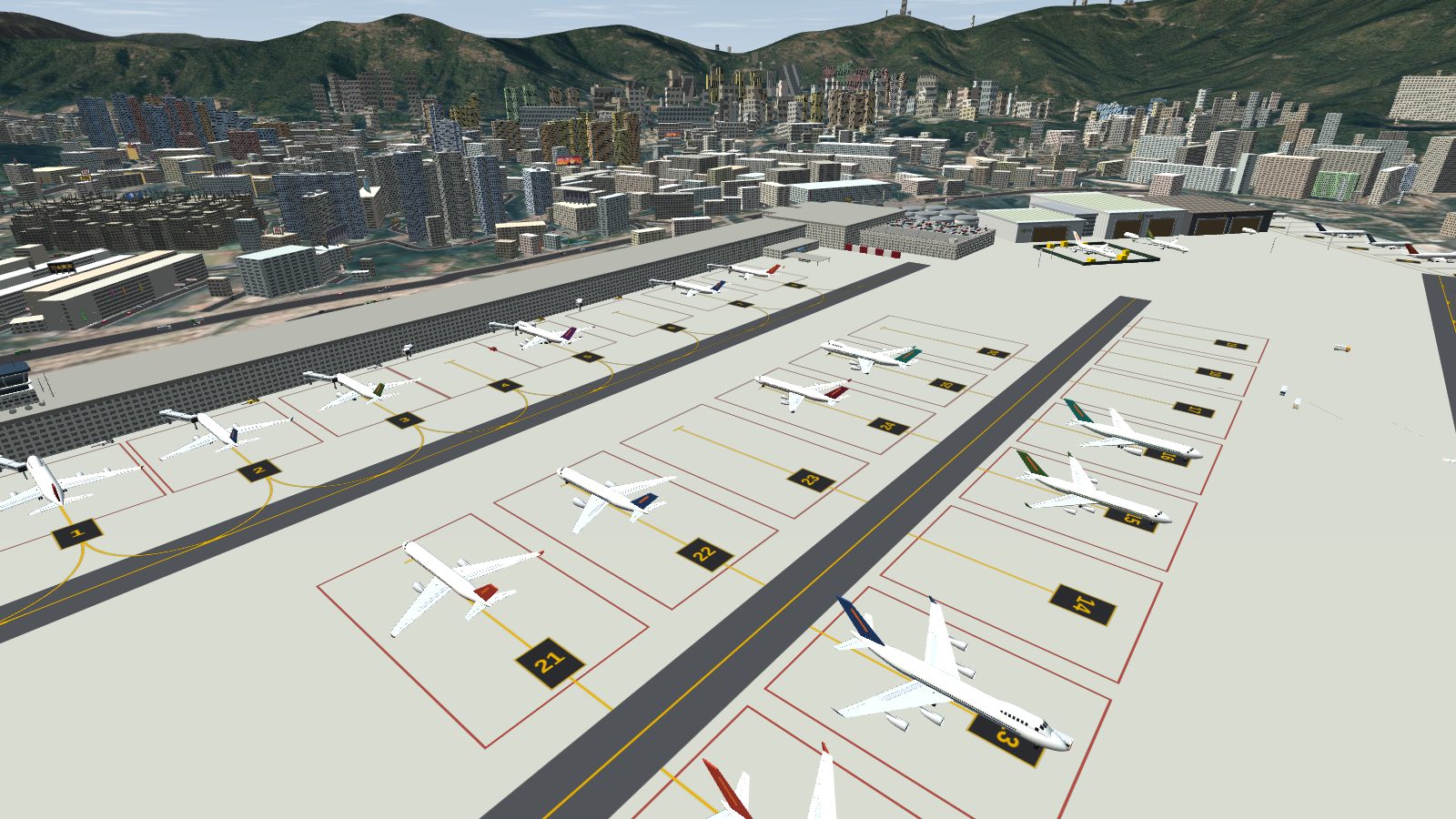 Stands 21 to 26 between apron lanes D3 and D2, with red stand boxes, yellow lead-in lines, numbered plates and parked airliners.
