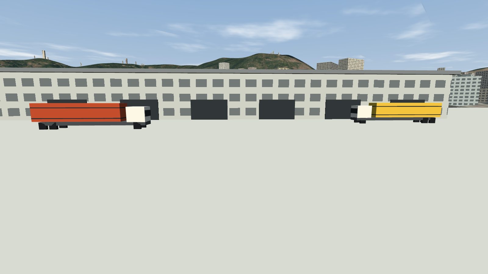 Container trucks beside the cargo shed.