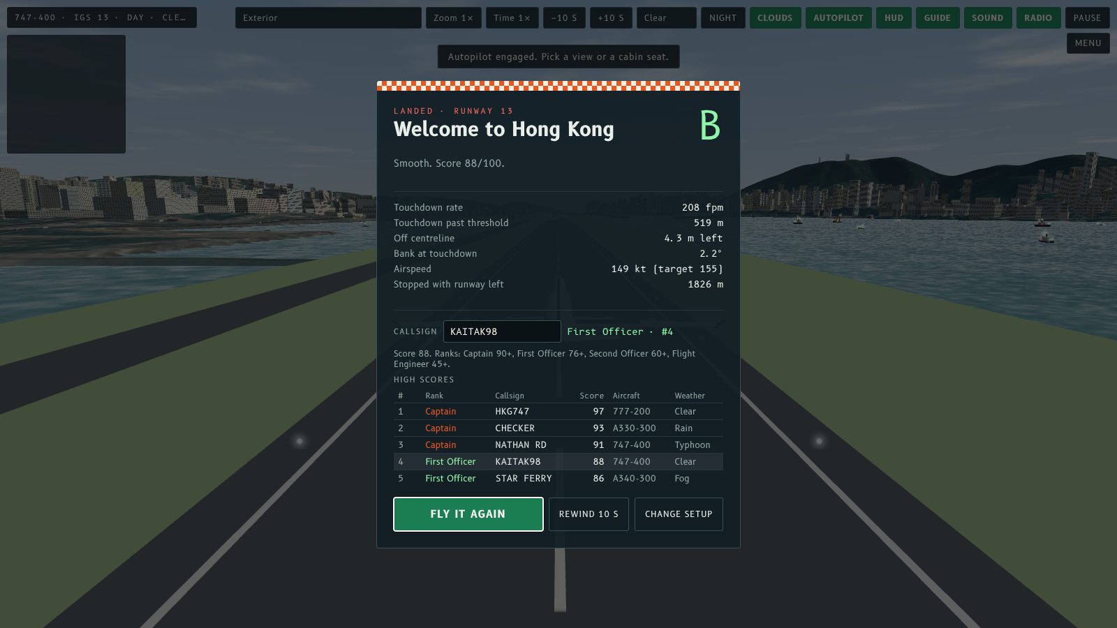 The result screen after a landing: score 88, a callsign box, the rank First Officer and the top five of the high score table.