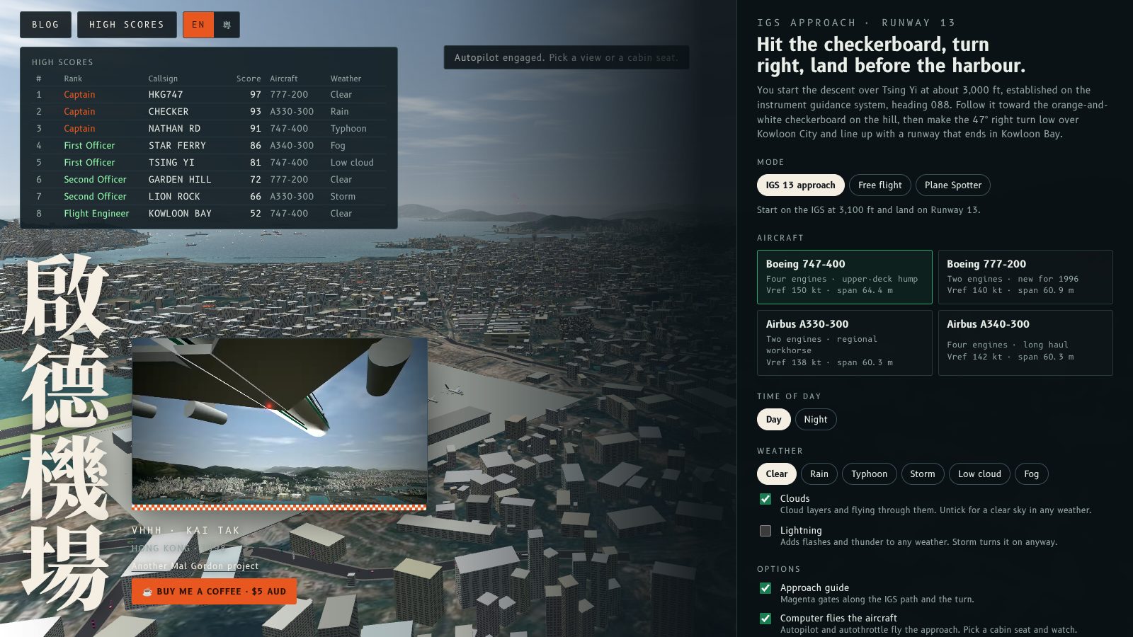 The Fly Kai Tak home screen with the High scores panel open at the top left, listing landings ranked from Captain downwards.