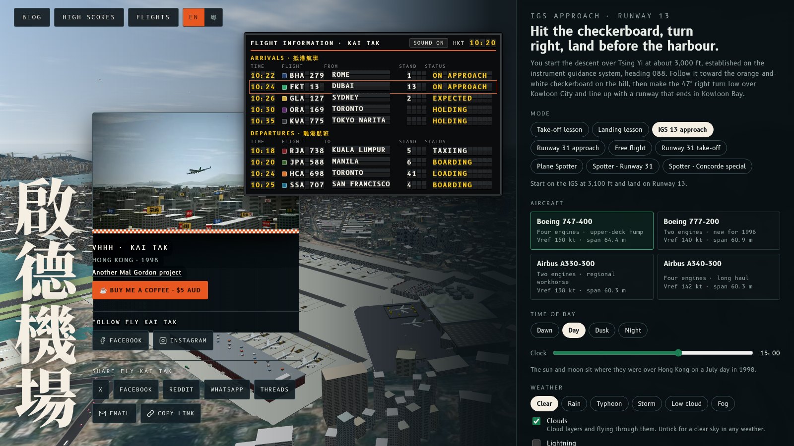 The Fly Kai Tak home screen with Follow Fly Kai Tak links to Facebook and Instagram.