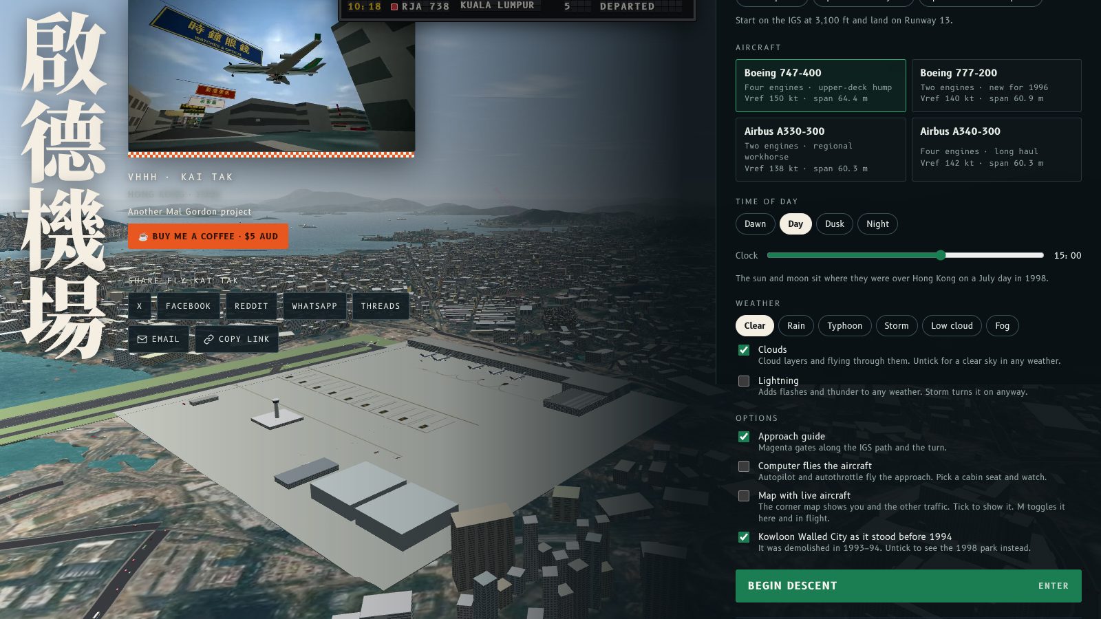 The Fly Kai Tak home screen with a row of share buttons under the demo reel and the Buy me a coffee button.