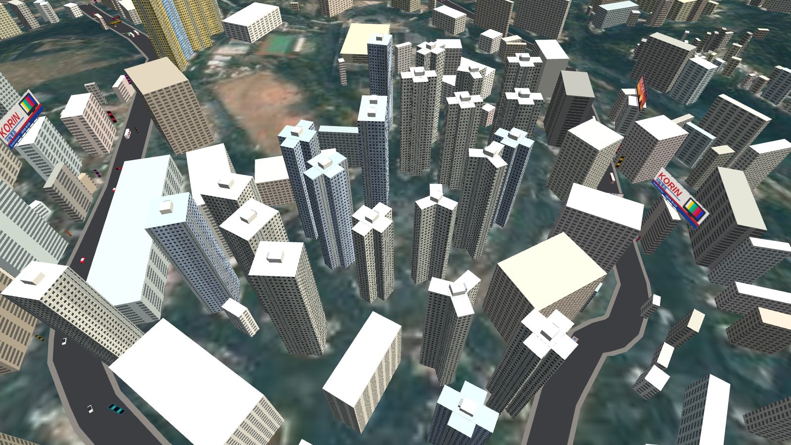 A bunch of tall cross-shaped housing blocks with lift motor rooms and water tanks on their roofs, on a hillside above the harbour.
