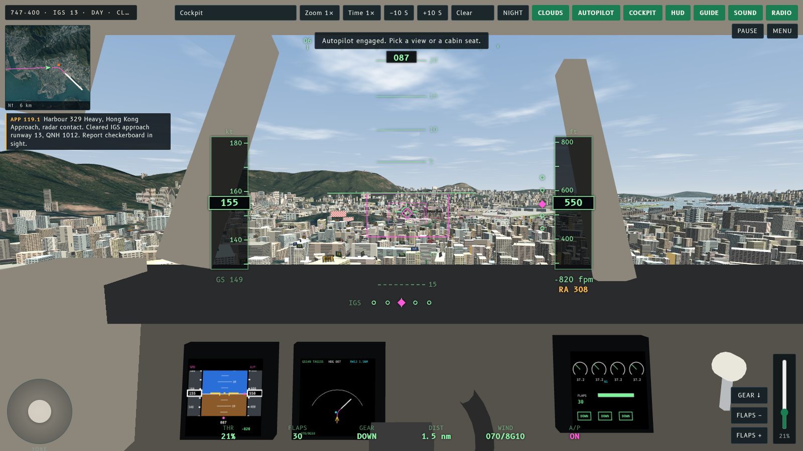 747-400 cockpit on the IGS approach with the checkerboard ahead and the magenta approach guide gates.