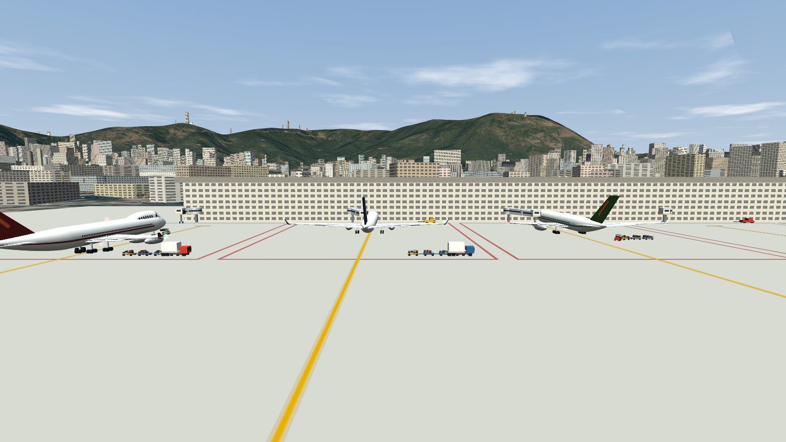 Aircraft parked nose-in at the terminal jet bridges, with a 747 being pushed back at the left.