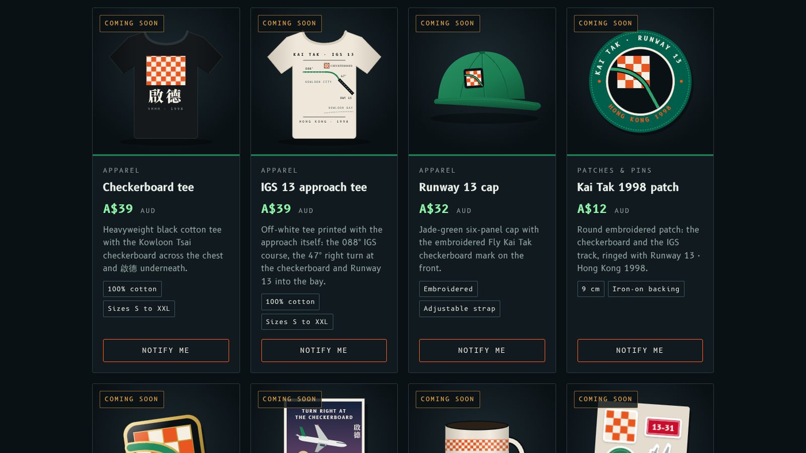 The Fly Kai Tak shop: a checkerboard tee, an IGS 13 approach tee, a jade cap, a round patch, an enamel pin, a poster, a mug and a sticker sheet.