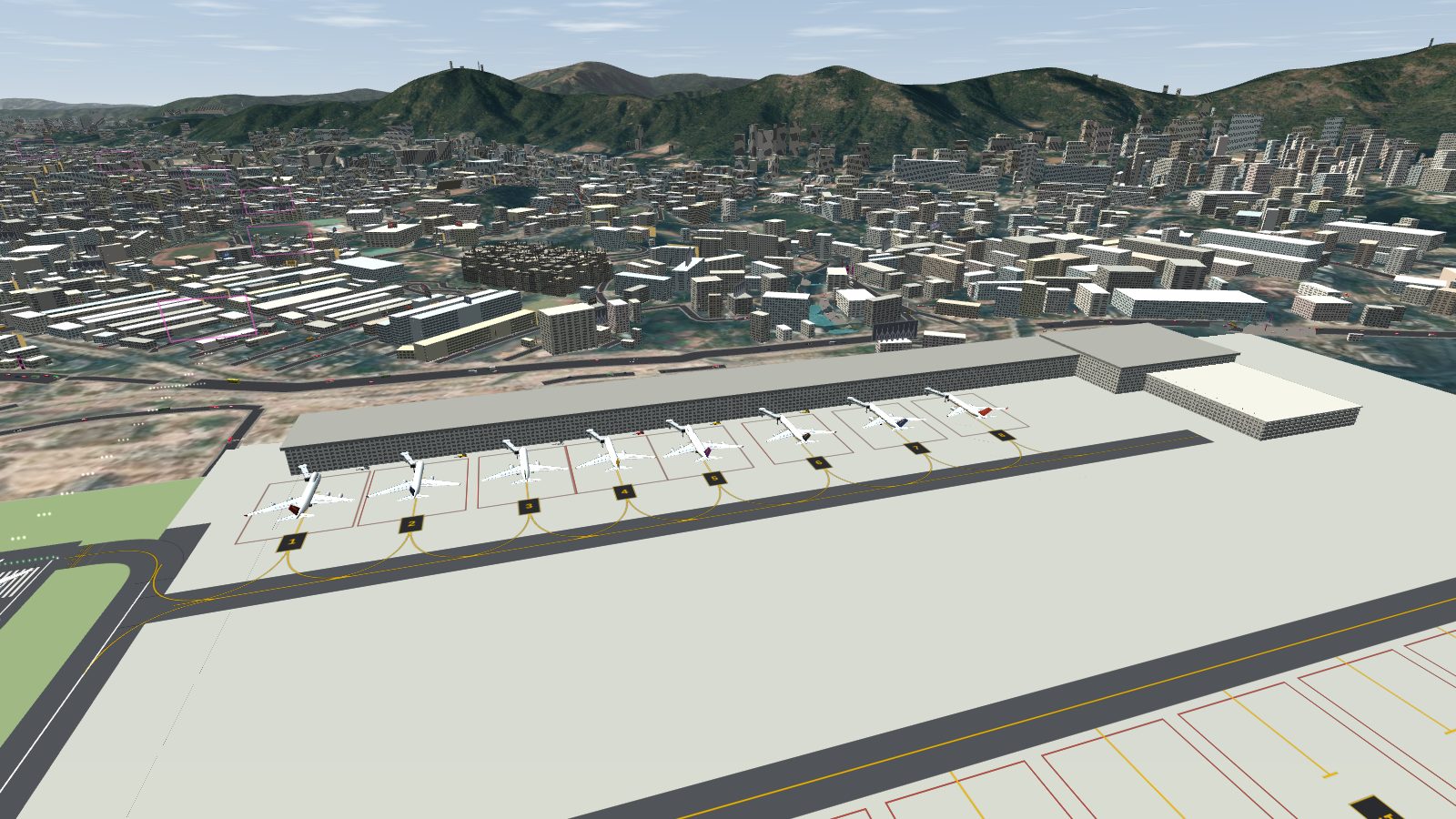 Oblique view of the long terminal pier with a row of aircraft parked nose-in along it and a jet bridge at every stand.