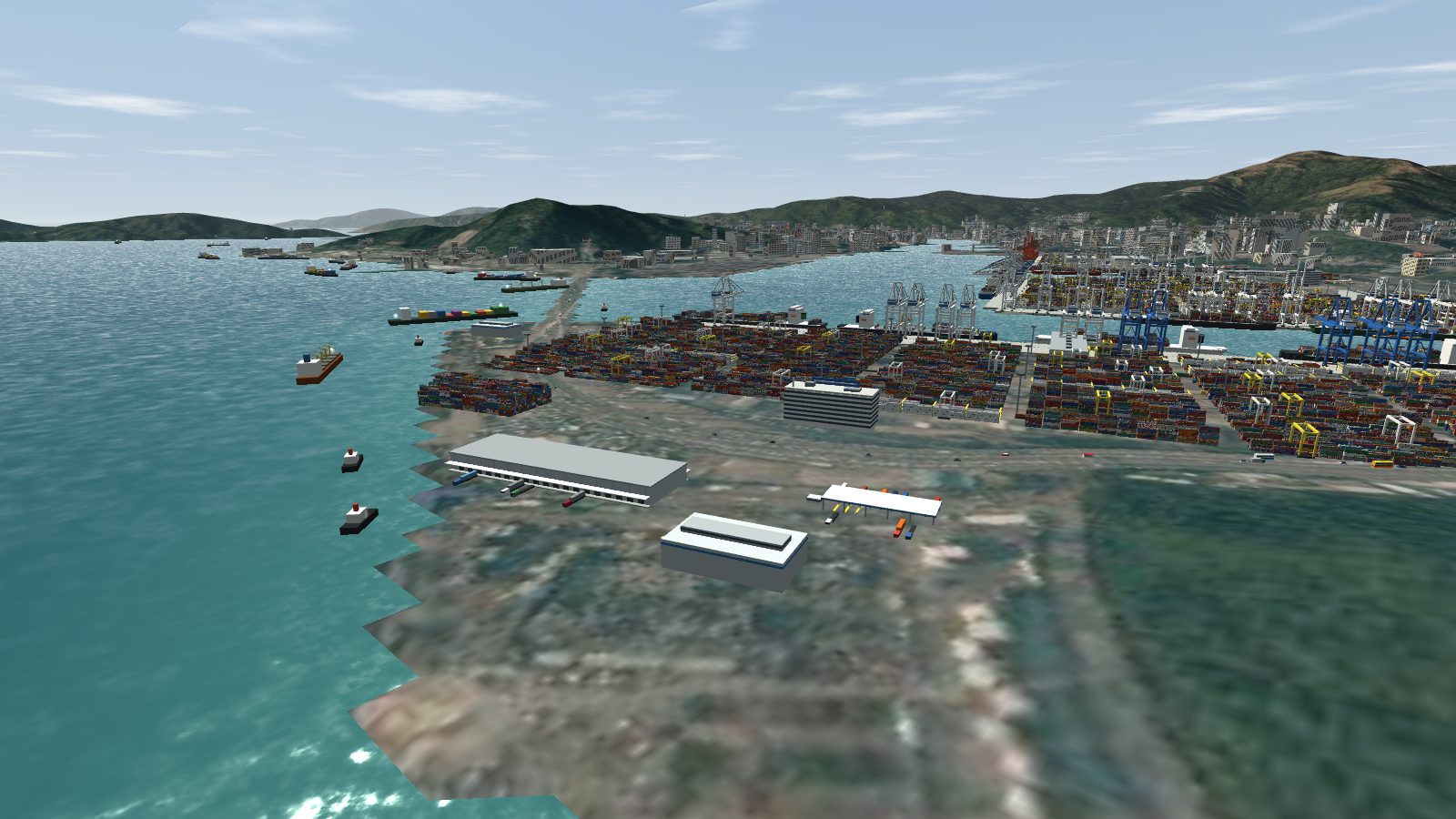 The backland behind CT8 with an office block, freight station, workshop, truck gate and empties depot by Stonecutters Island.
