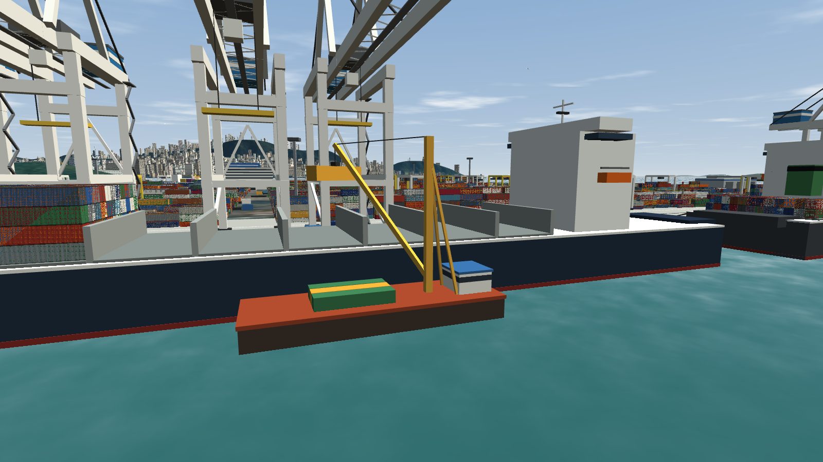 A lighter with a yellow derrick moored alongside a container ship, lifting a container from the ship.