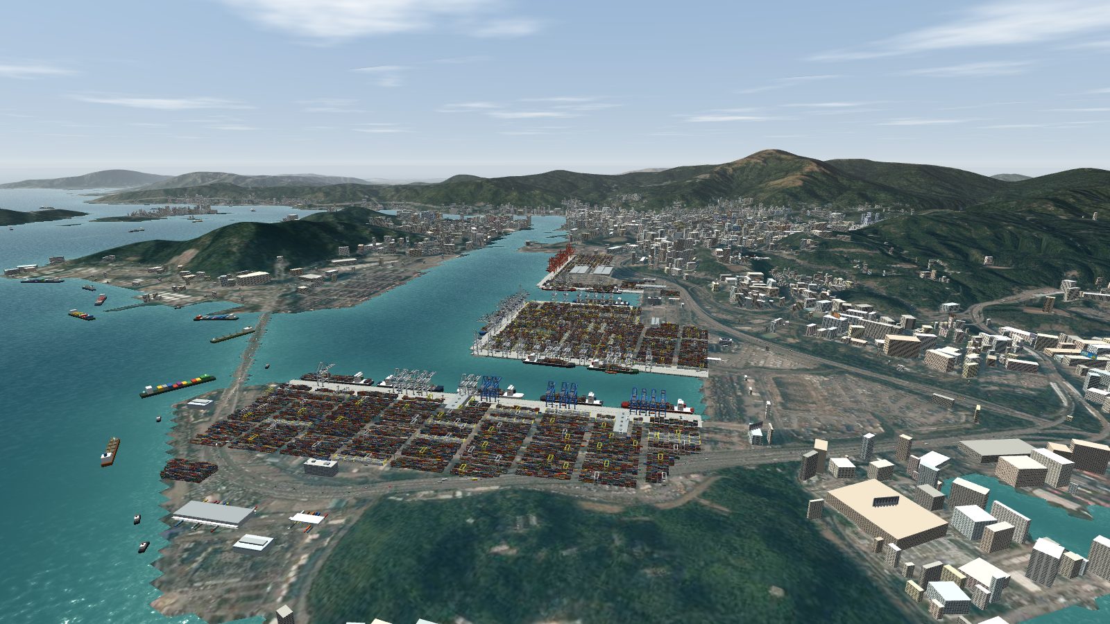 Aerial view of the Kwai Chung container terminals on the Rambler Channel, with ships at every quay and the yards full of stacked containers.