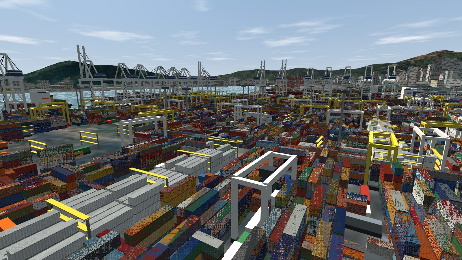 Low-level view across a container yard with a block of white reefer containers in yellow steel racks.