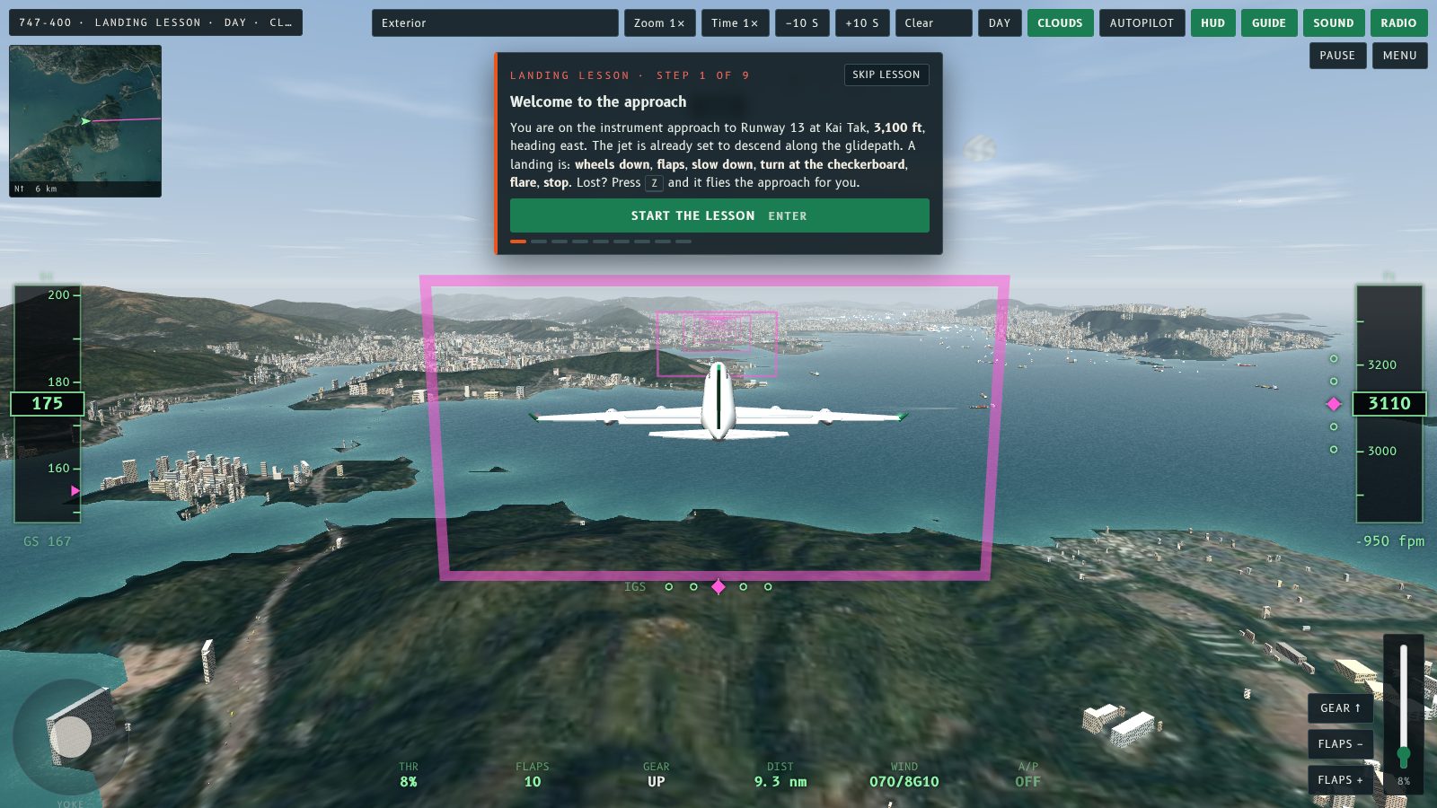 The Landing lesson welcome panel above a 747 on the IGS approach to Kai Tak, with a Start the lesson button.
