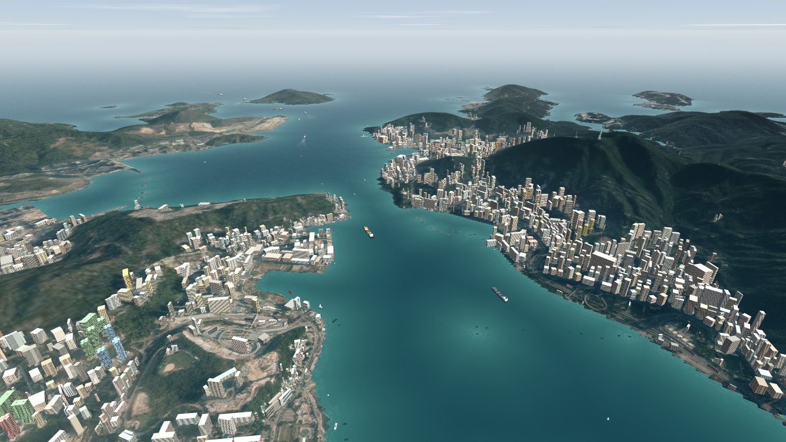 Looking east along Victoria Harbour to Lei Yue Mun, with two cargo ships in the fairway and the water beyond.