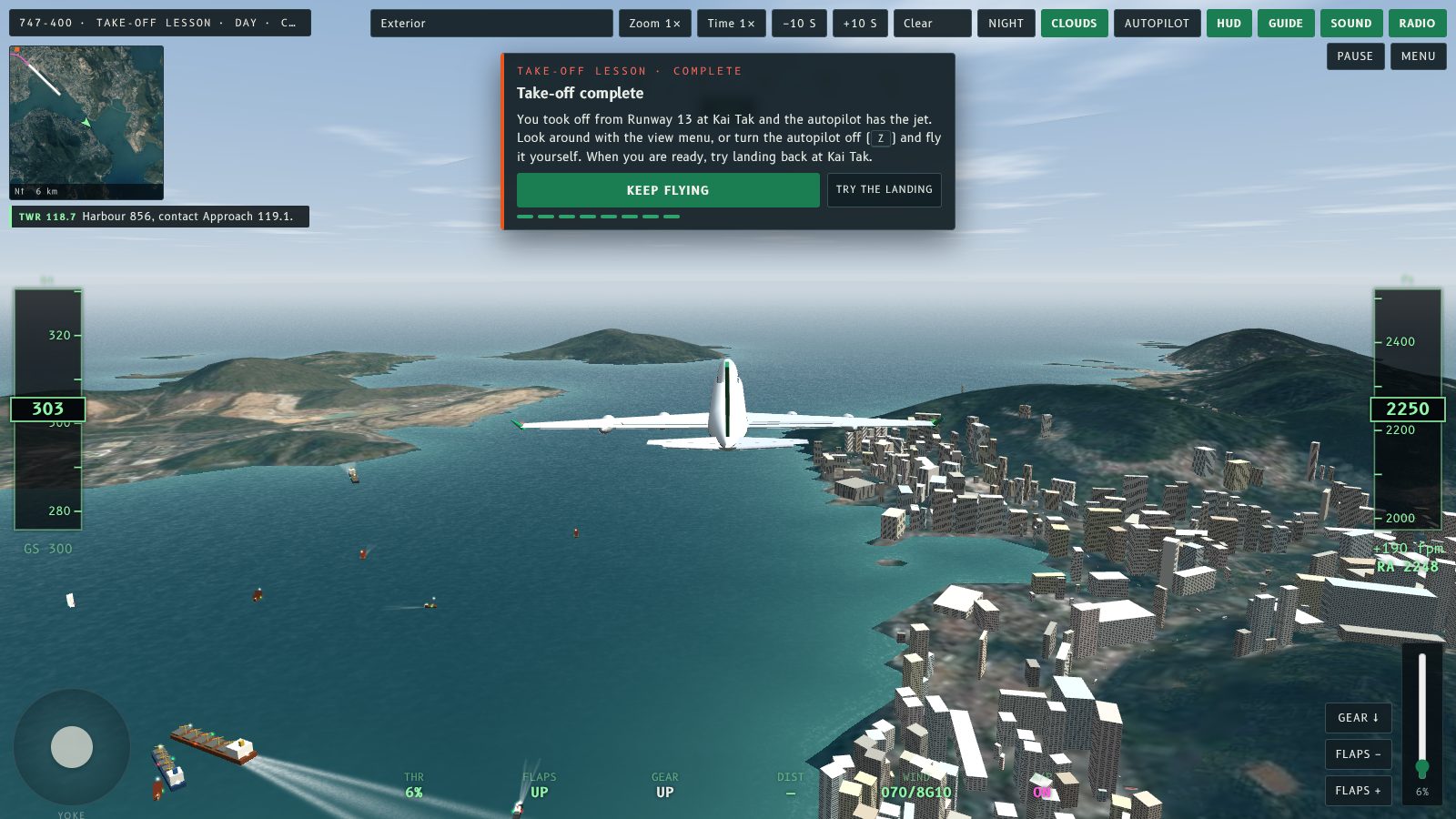The Take-off complete card with Keep flying and Try the landing buttons, with a 747 flying over the harbour at 2,250 feet.