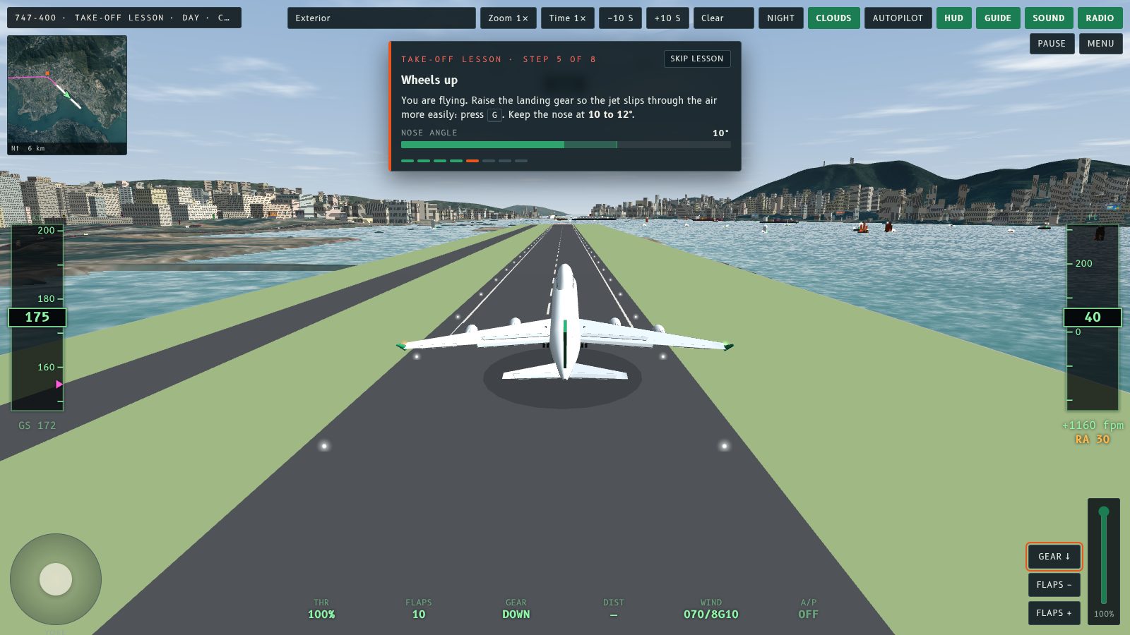 The lesson panel at step 5, Wheels up, with the 747 climbing out over Kowloon Bay and the Gear button highlighted.