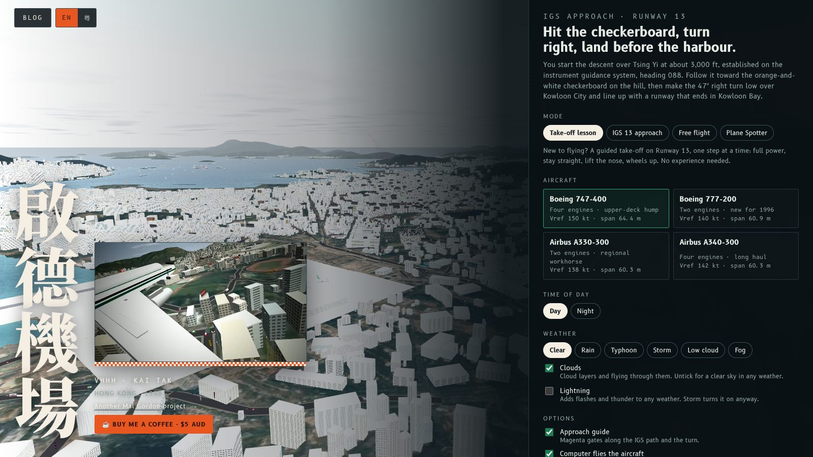 The Fly Kai Tak start screen with Take-off lesson selected under Mode and a short description beneath it.