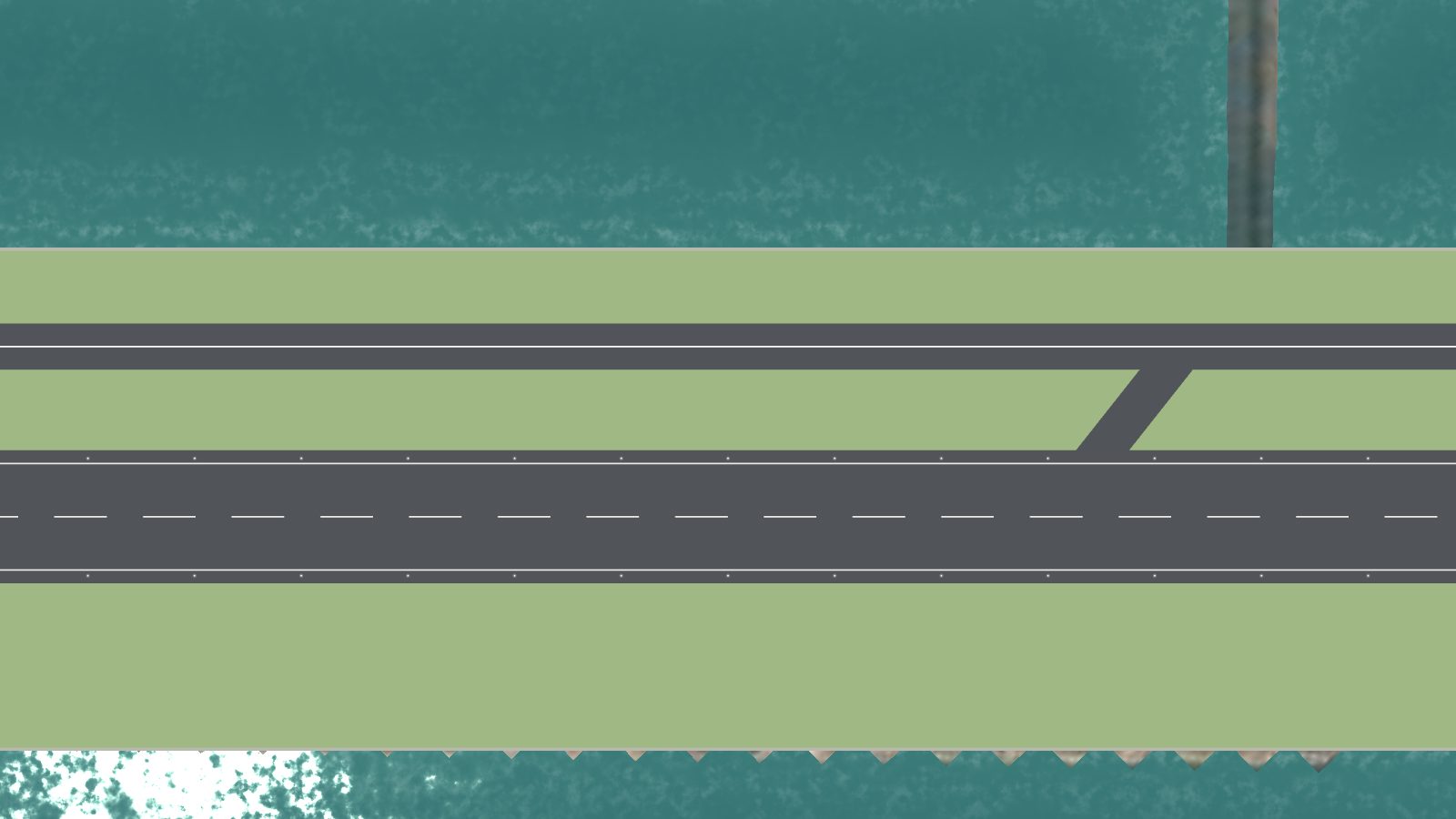 Straight-down view of the runway, the grass and taxiway A, with one angled link strip joining them.