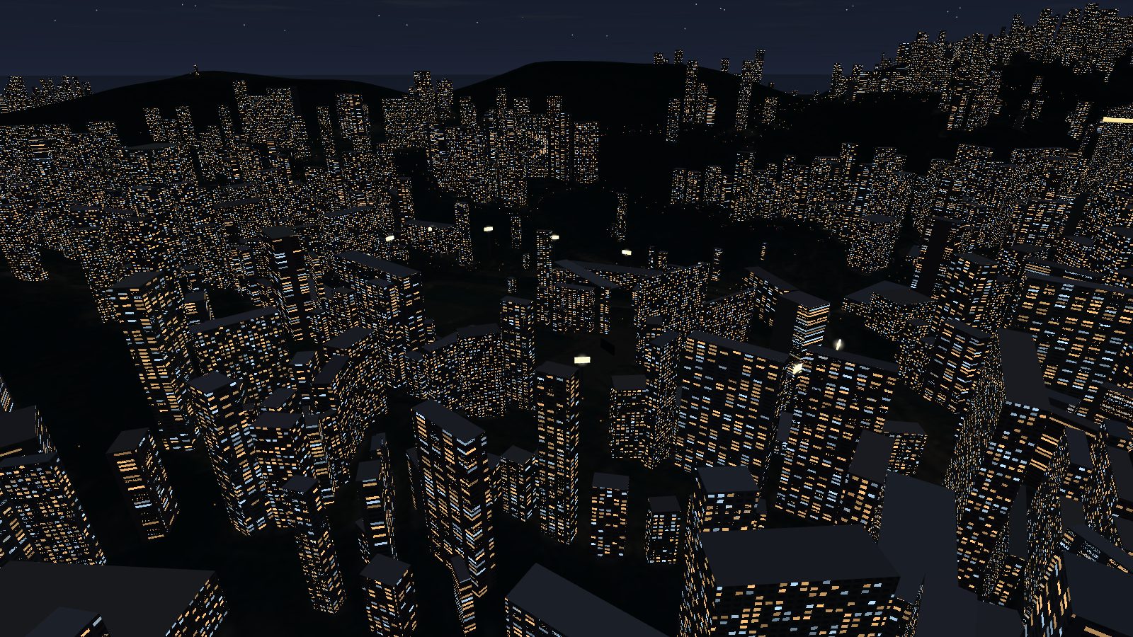 Happy Valley at night with lit windows and floodlights.